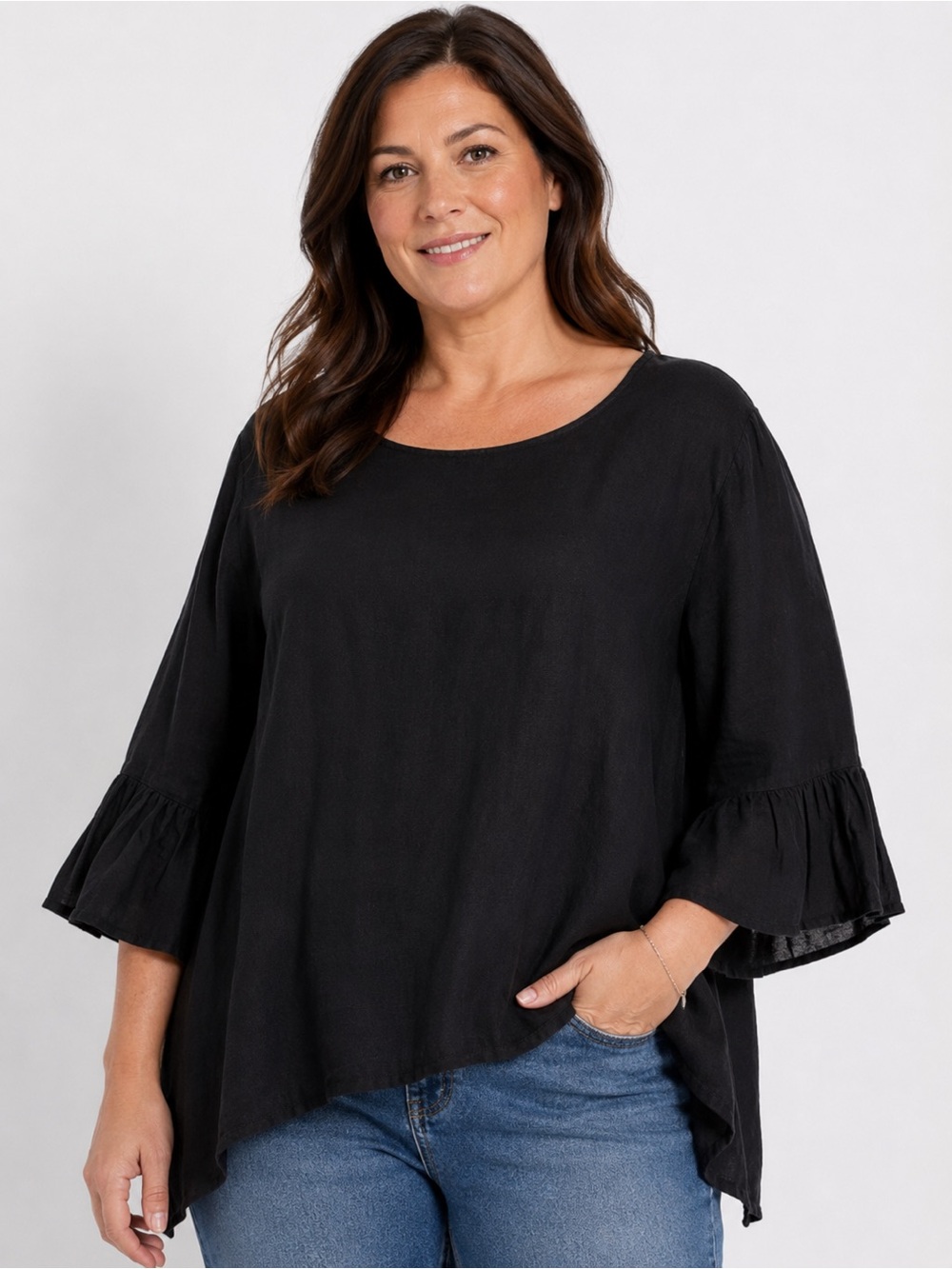 bryn Walker Black Ruffle-Sleeve Scoop Neck Blouse
